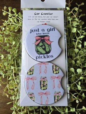 Car Coaster Set - 'Just a Girl Who Loves Pickles' - Pink & Green